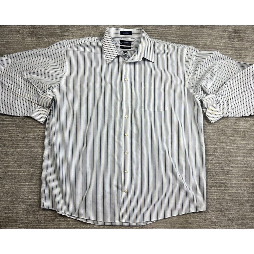 Stafford Button Down Mens 19 38/39 White Blue Striped Everyday Shirt Broadcloth